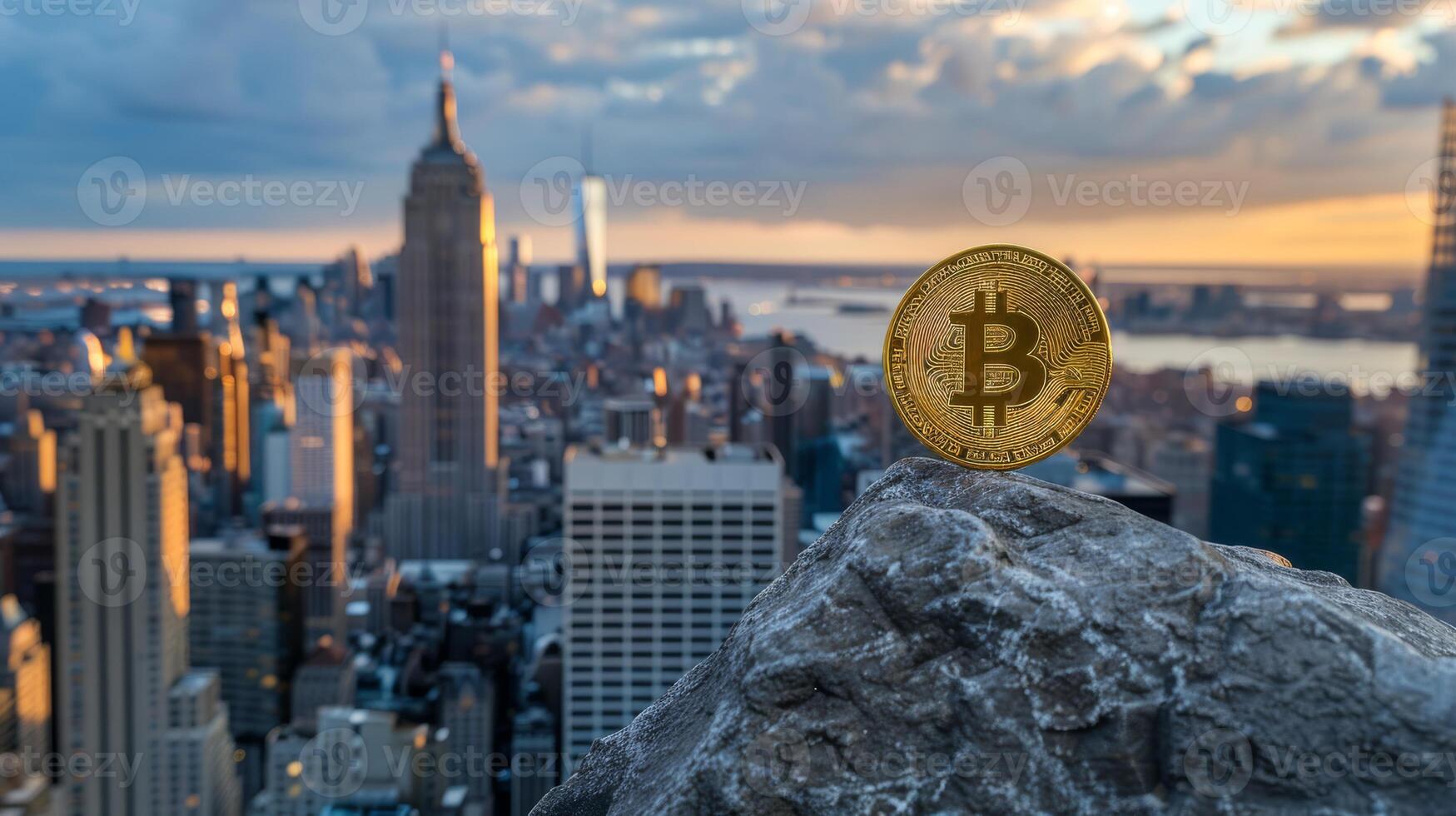 Bitcoin coin on a rock with NYC skyline in background at sunset, representing finance and technology photo