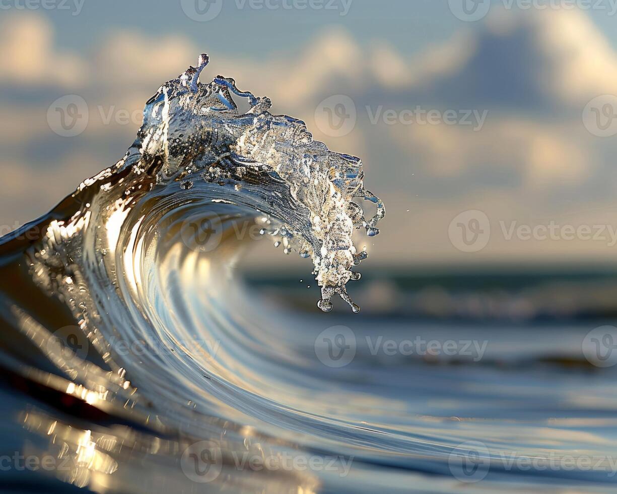 The oceans wave breaks with sparkling water under a cloudy sunset sky, creating a peaceful atmosphere photo