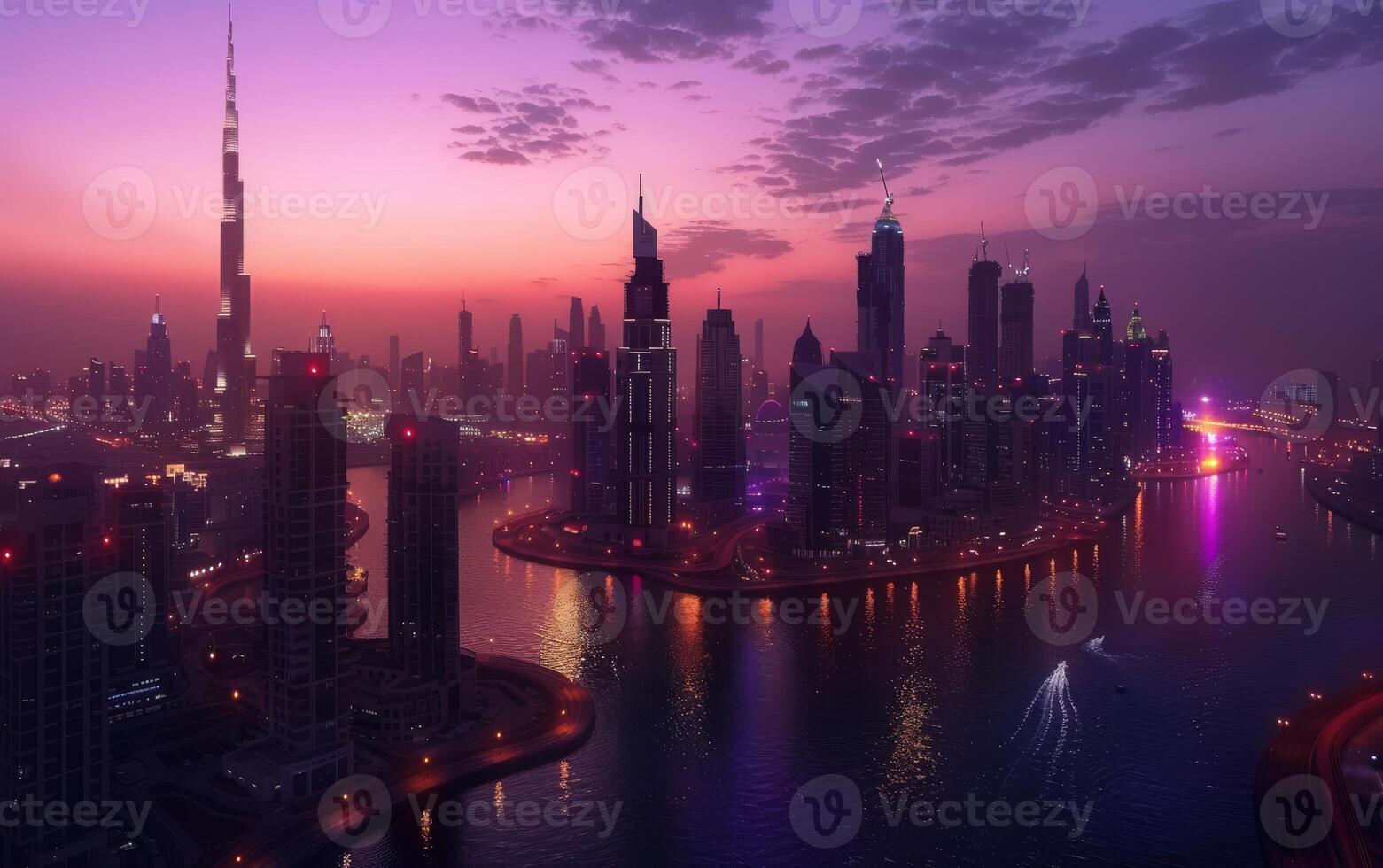 A breathtaking and mesmerizing view of Dubais stunning skyline, beautifully illuminated by vibrant sunset colors photo