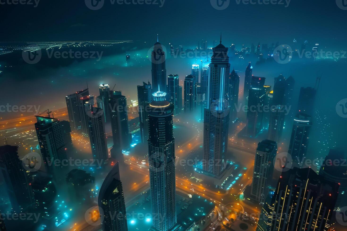 A mesmerizing night skyline showcasing tall skyscrapers enveloped in fog and illuminated by city lights. photo