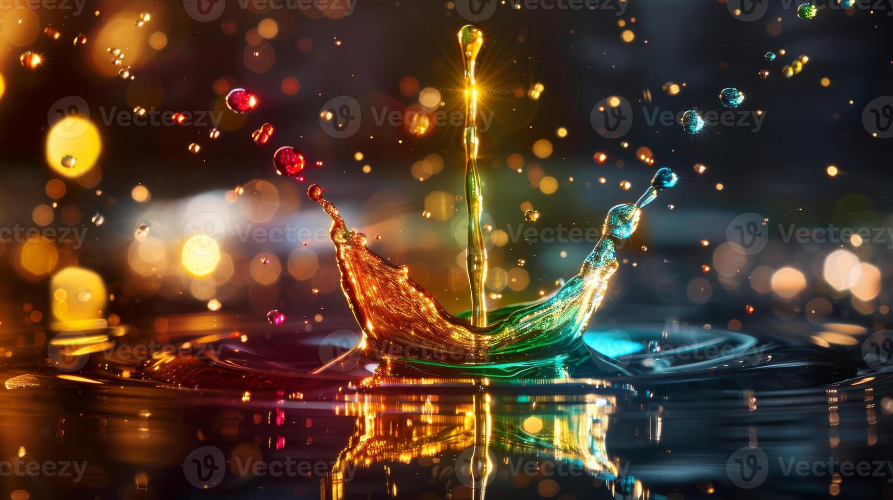 Vivid bokeh background enhances highspeed capture of colorful water drop splash, creating captivating artistic image photo
