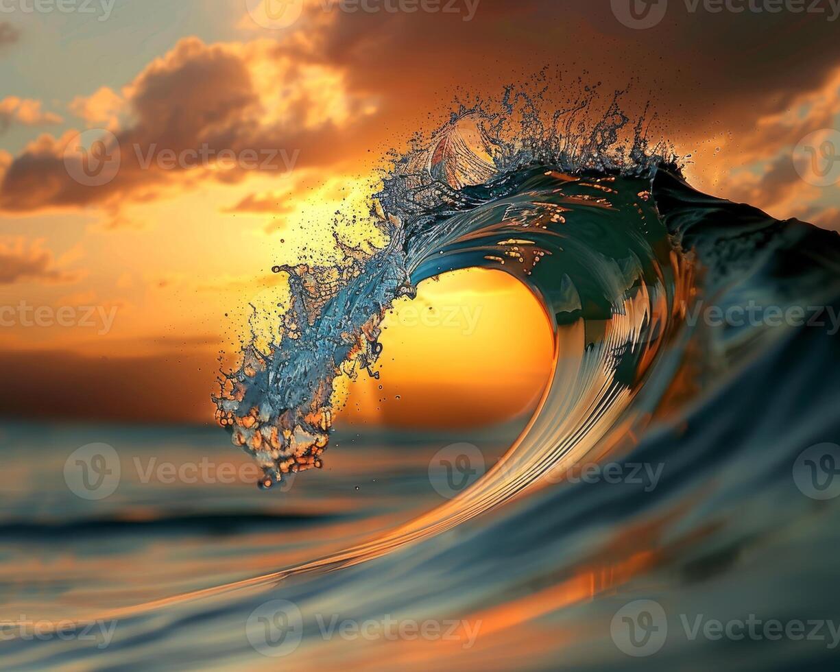 A mesmerizing wave is forming as the sun sets, revealing the beauty of the ocean and a colorful sky photo
