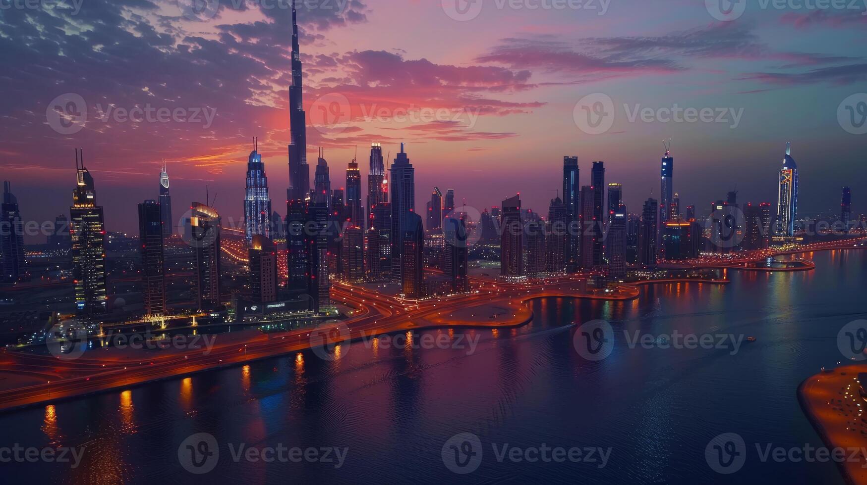 Enjoy a breathtaking and stunning view of Dubais remarkable skyline beautifully illuminated at sunset along the river photo