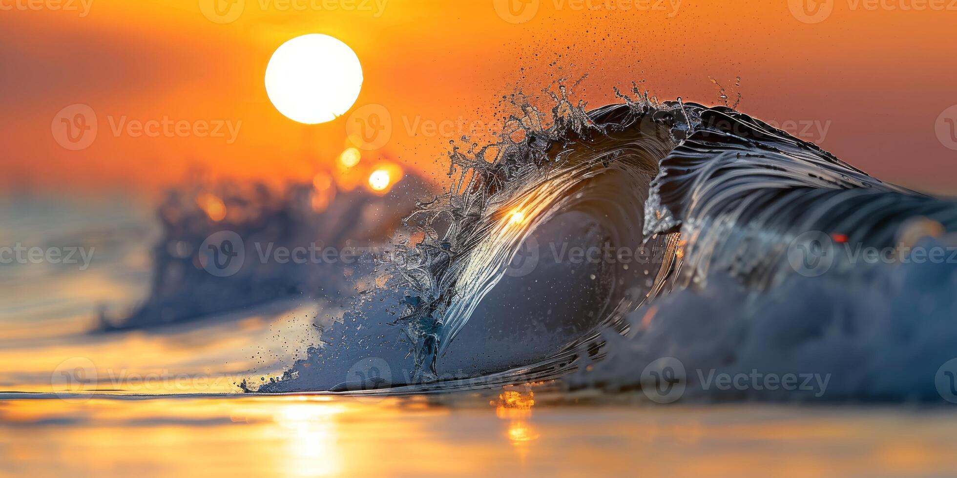 A stunning scene unfolds as the sun sets over the ocean, with waves crashing along the picturesque coast photo