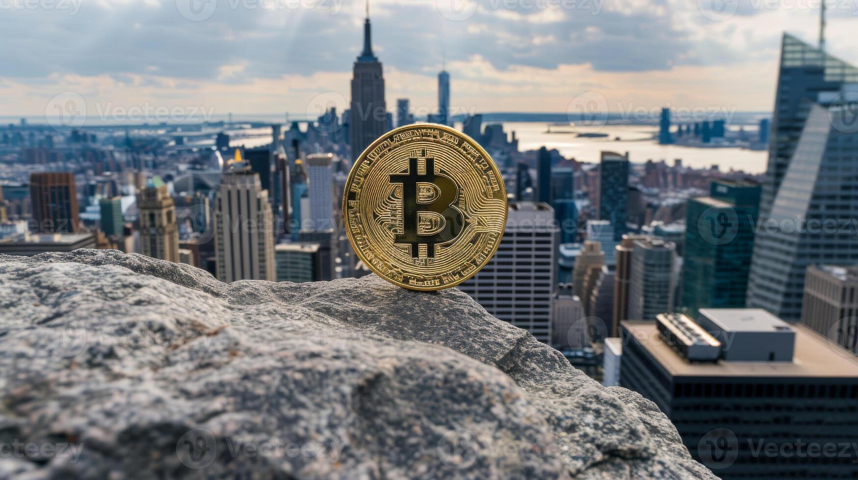 Bitcoin representation with the New York City skyline backdrop, symbolizing cryptocurrency prominence. photo