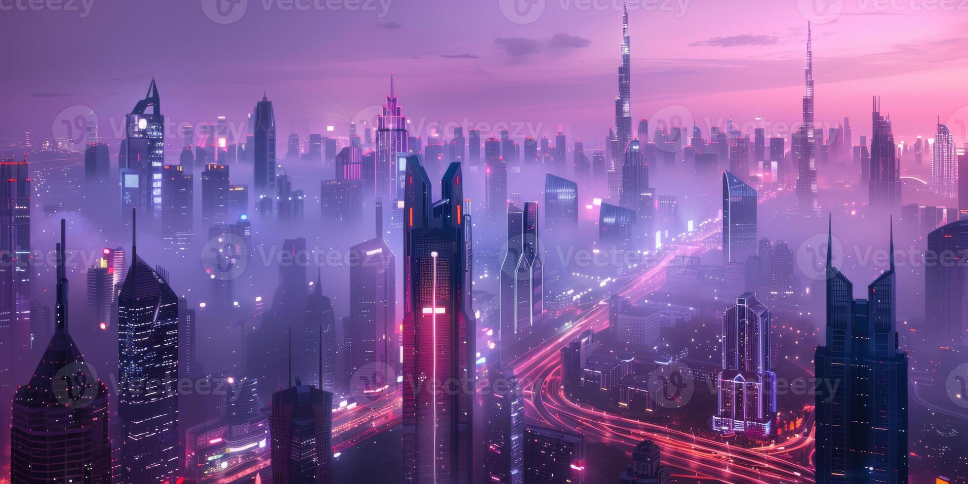 A stunning aerial view of a futuristic city skyline at twilight, illuminated by vibrant neon lights. photo
