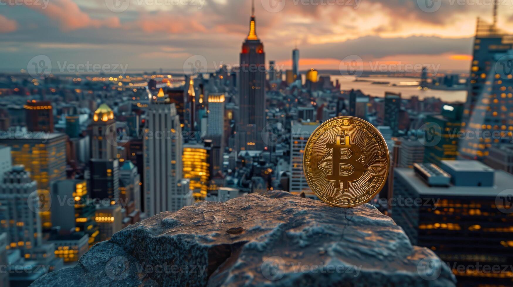 A Bitcoin cryptocurrency coin is placed on a rock with the New York City skyline and sunset in the background photo