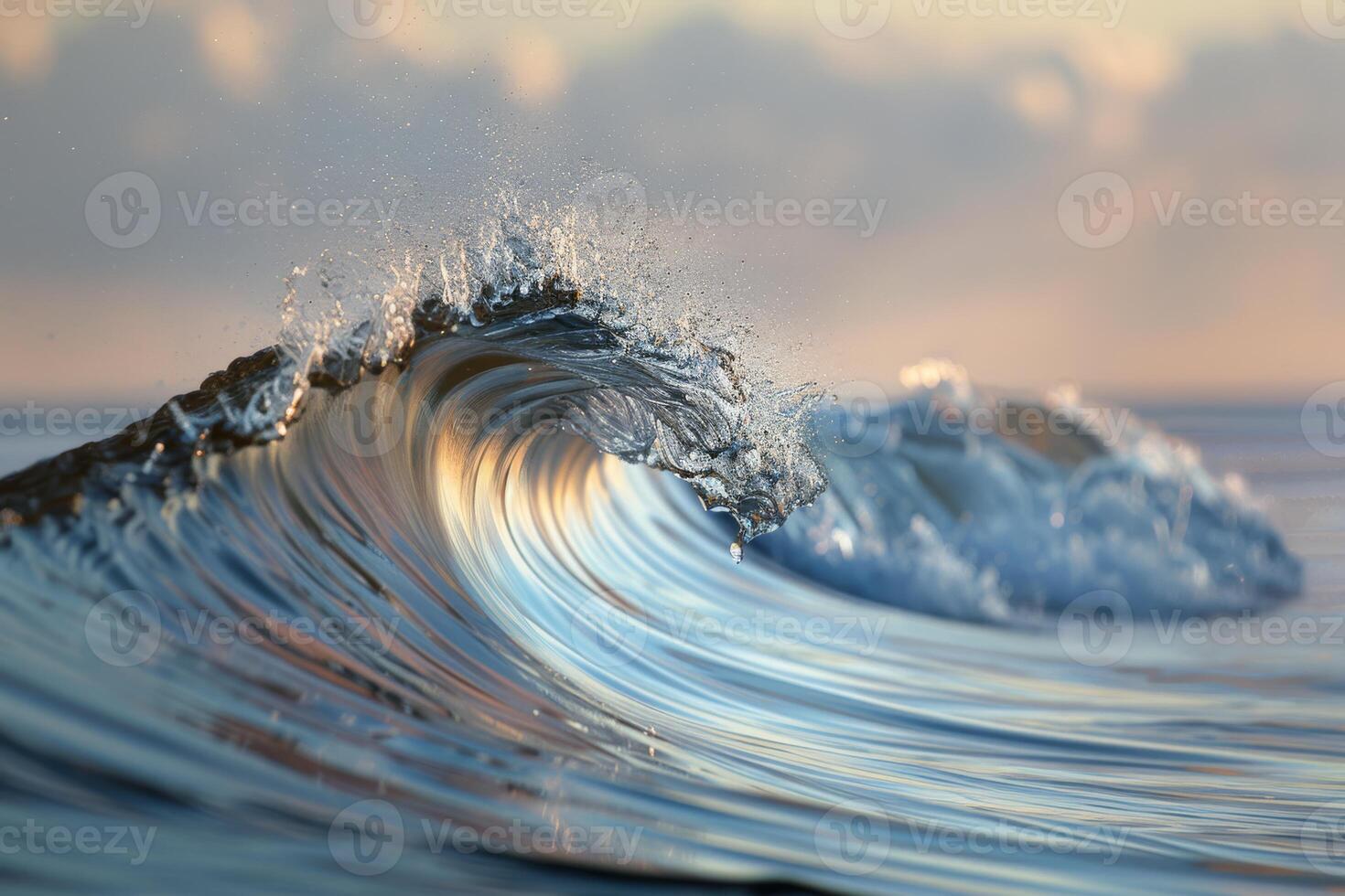 A mesmerizing wave illuminated by the soft light of sunset in the open ocean creates a scene of beauty and tranquility photo