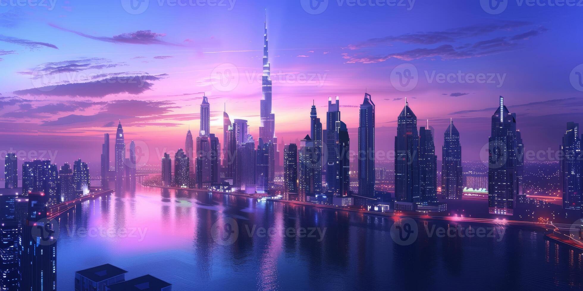 A breathtaking aerial view of a modern city skyline at sunset, showcasing vibrant colors and architecture. photo