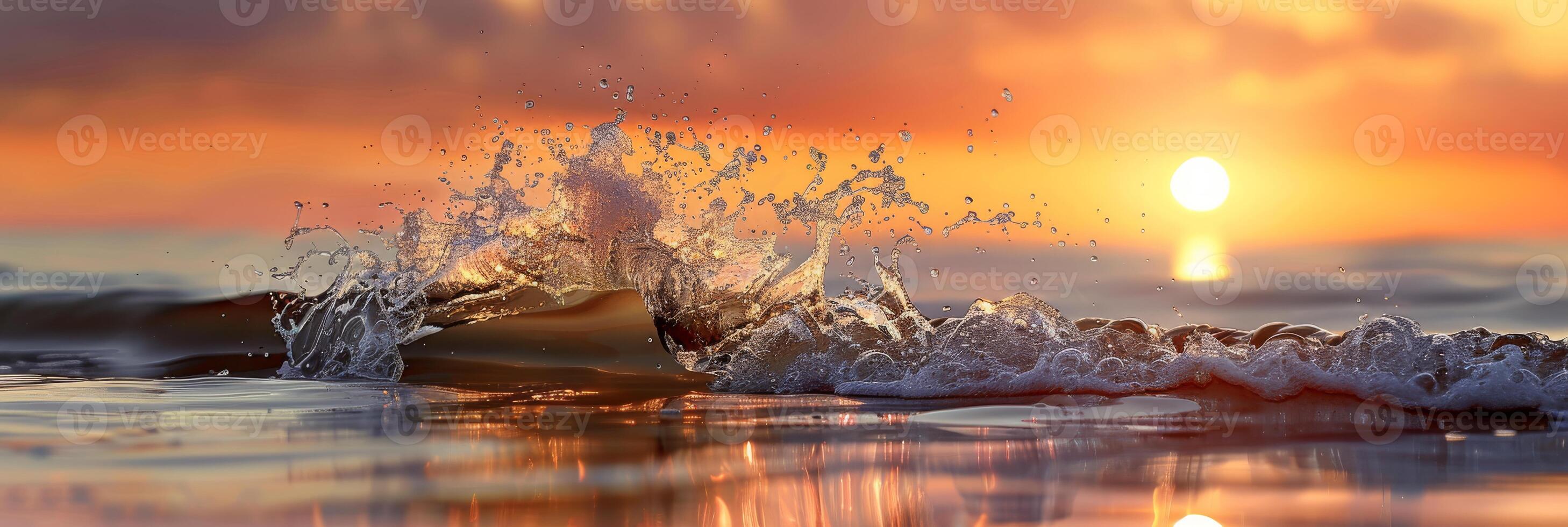Beautiful sunset over the ocean with waves crashing on a peaceful beach, creating a stunning natural scene. photo