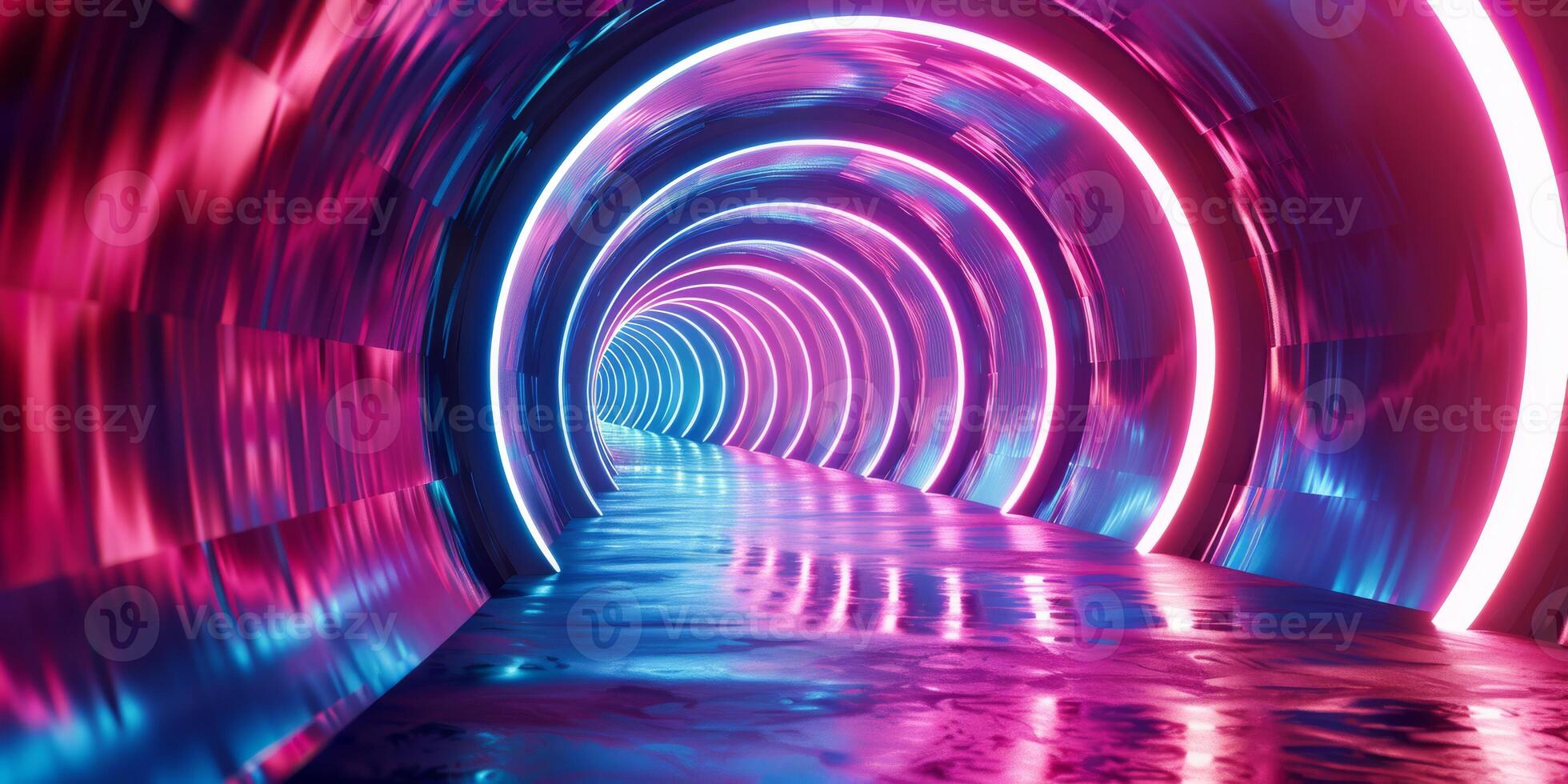 The neon tunnel creates a futuristic and vibrant atmosphere with its bright lights and reflective surfaces photo