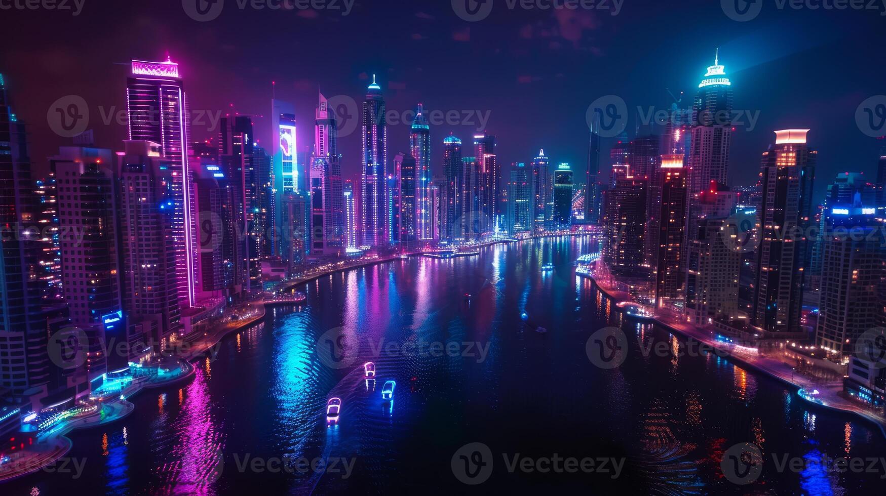 A stunning view of a futuristic city skyline lit by vibrant neon lights at night, creating a captivating atmosphere photo
