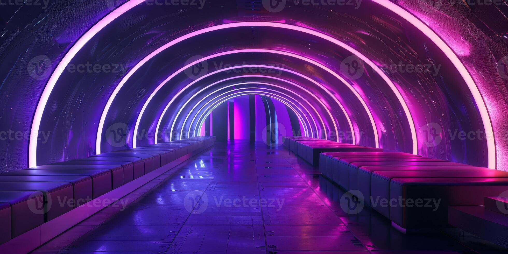 A mesmerizing neon tunnel with curved architecture illuminated by vibrant LED lighting in purple and pink hues. photo