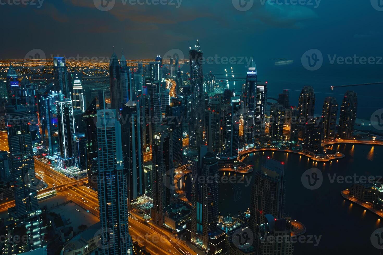A breathtaking aerial shot of Dubais stunning skyline at night, showcasing its modern and innovative architecture photo