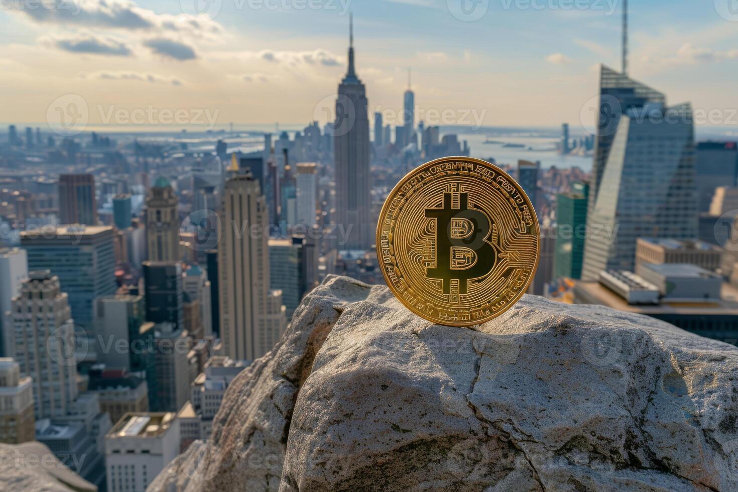 A striking image of Gold Bitcoin against the backdrop of NYC skyline underscores its role in urban finance photo