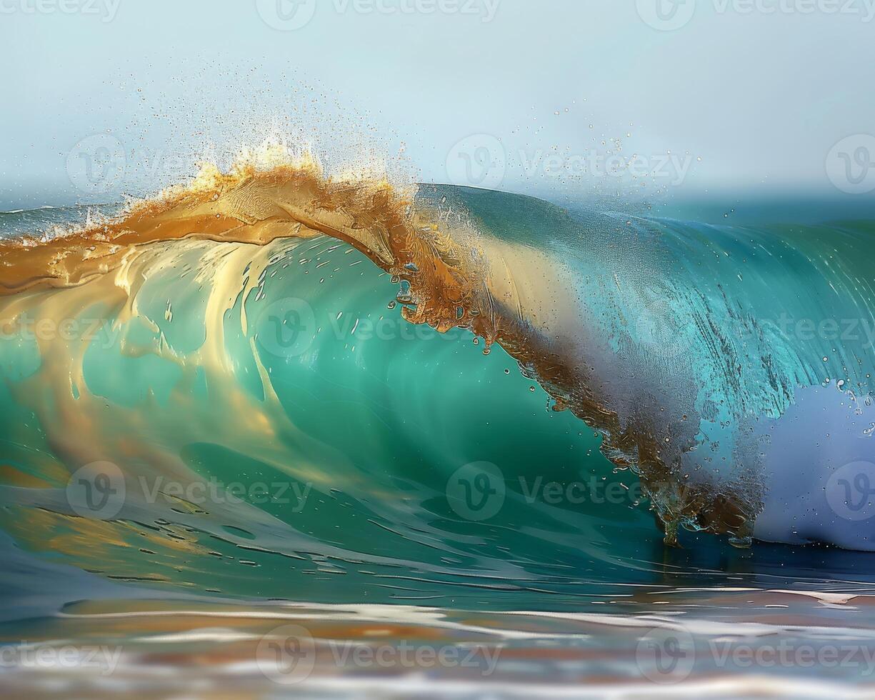 Beautiful turquoise wave crashing with sunlight glowing at golden hour, creating a stunning ocean scene. photo
