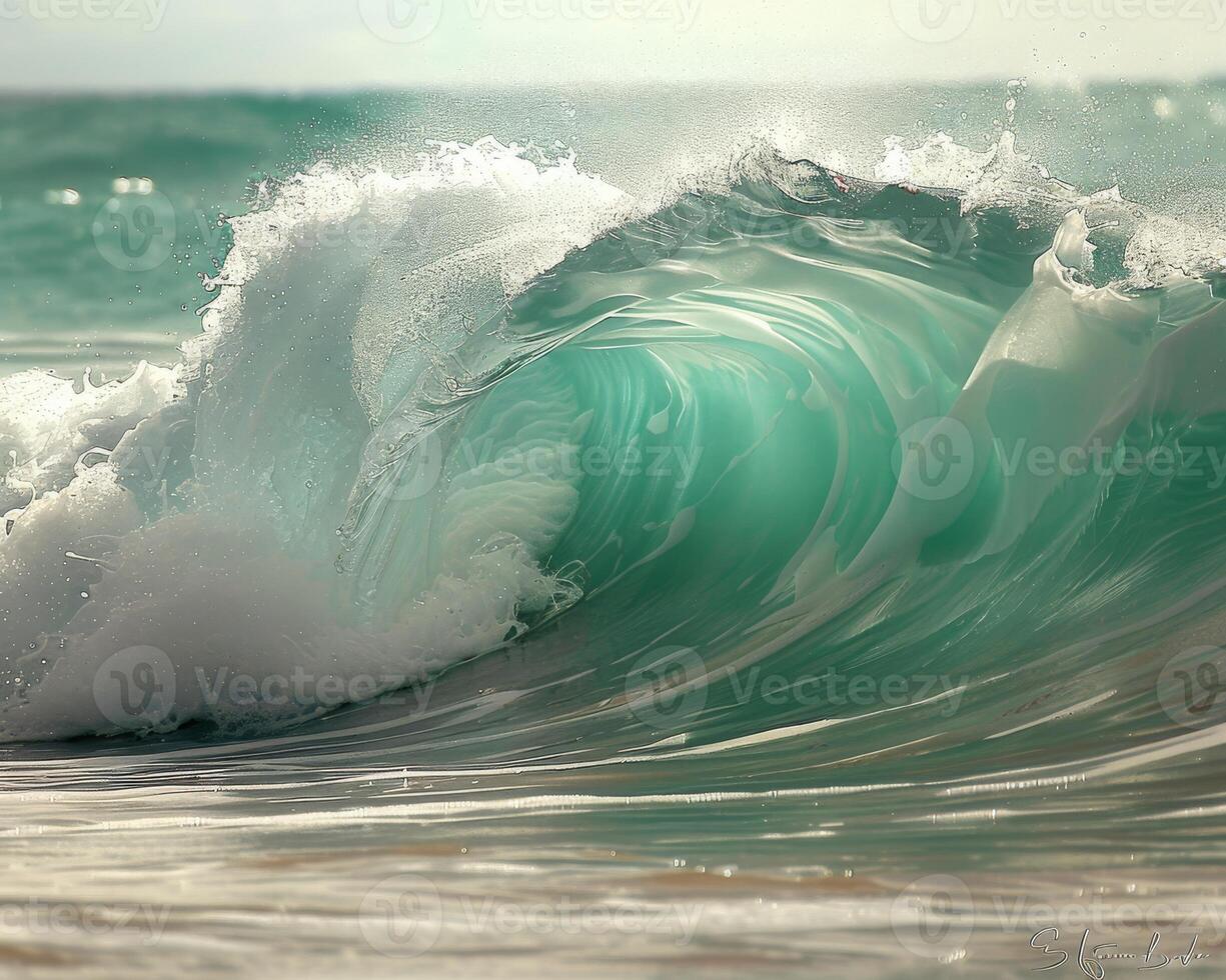 The ocean waves crashing on the shore showcase natures beauty and power, displaying the seas dynamic energy photo