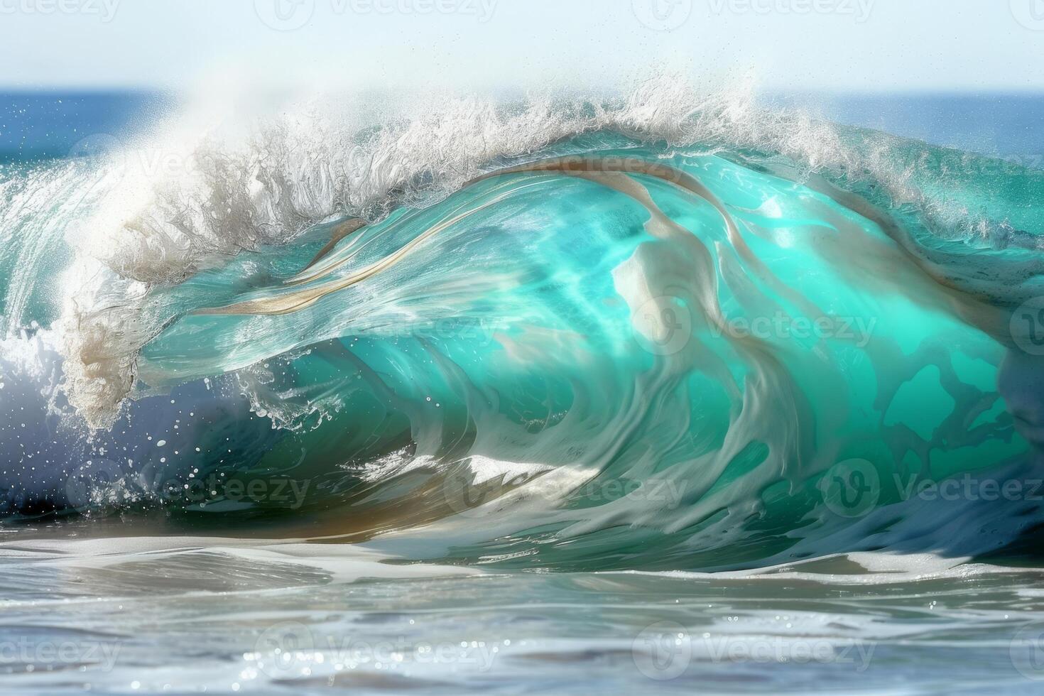 A vivid turquoise wave in full motion showcases the vibrant energy of the ocean, displaying natures power photo