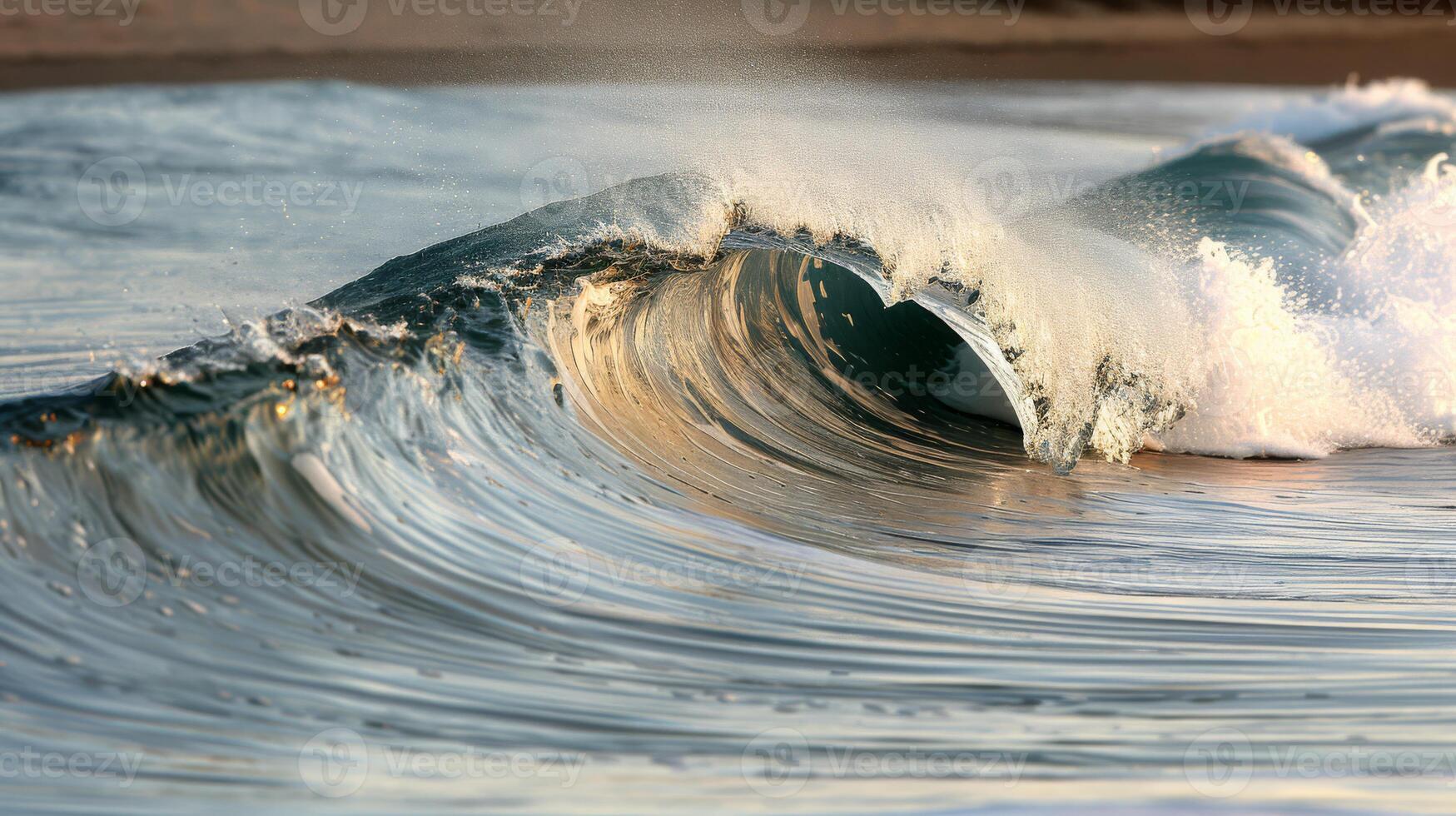 The stunning scene captures the beauty of ocean waves crashing on the shore under the warm glow of the sunset photo