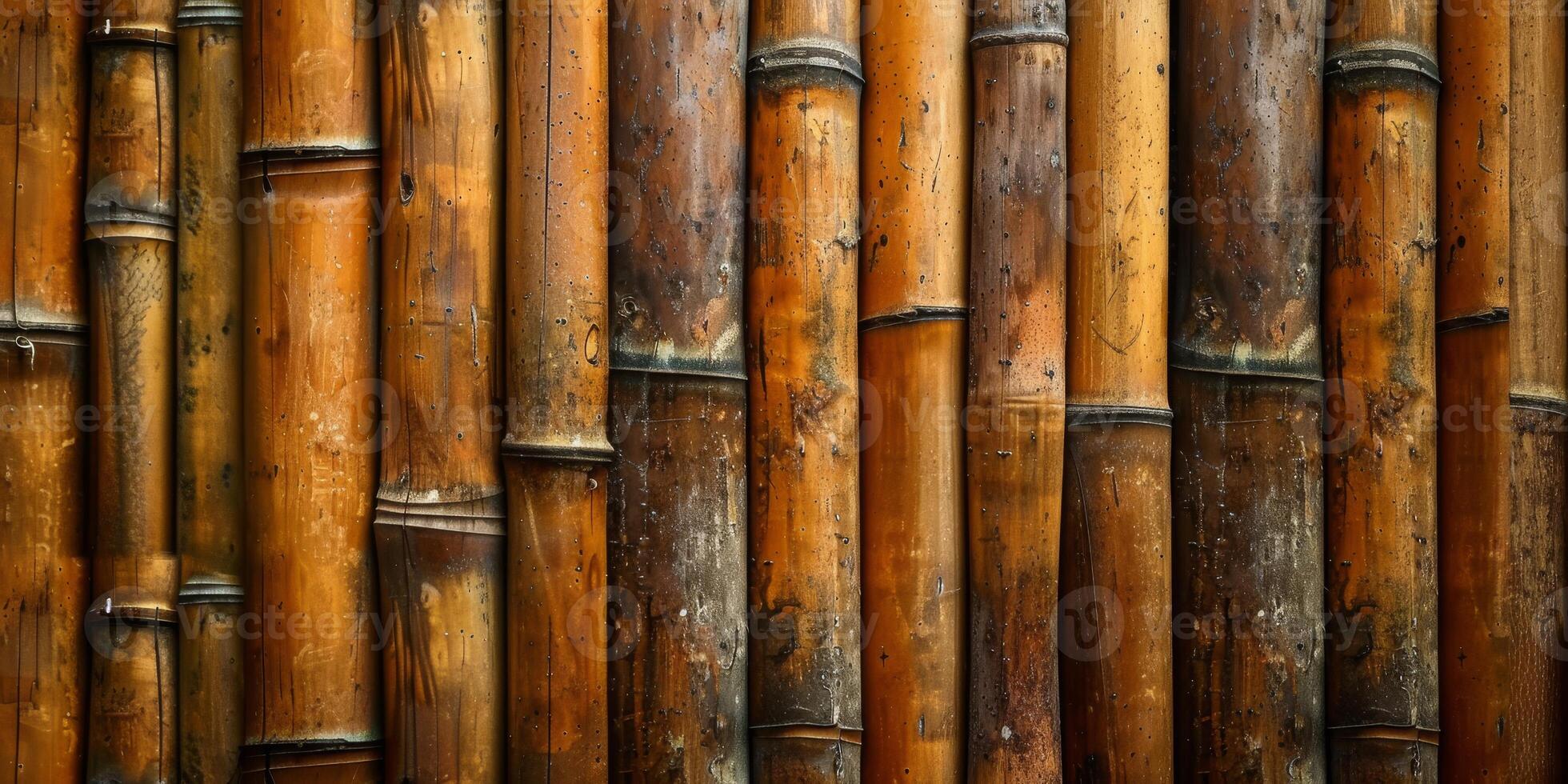 A close-up view of a bamboo wall, showcasing its natural textures and colors ideal for various designs. photo