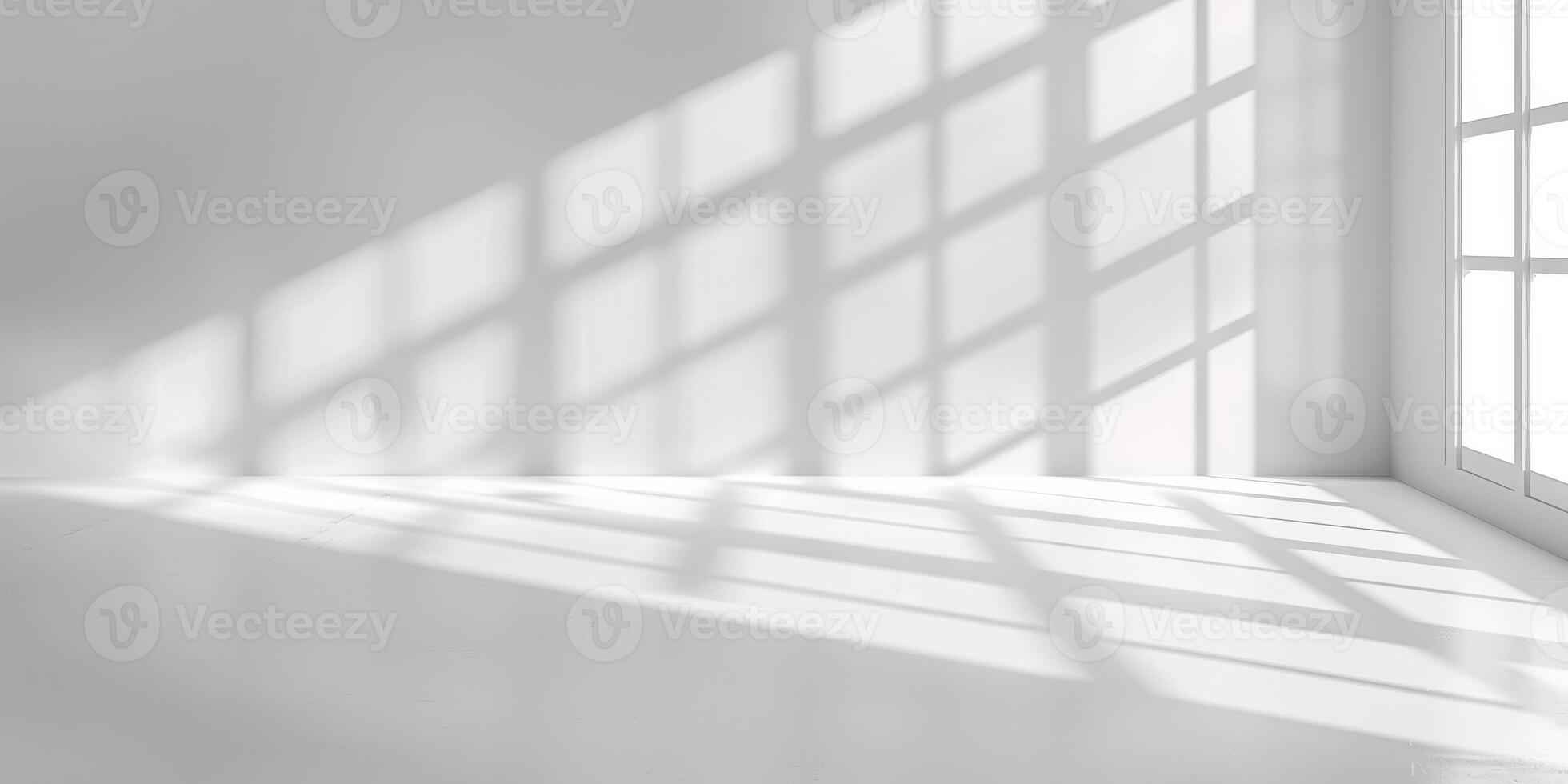 A beautifully serene minimalist room elegantly showcasing the play of natural light and intricate shadow patterns photo