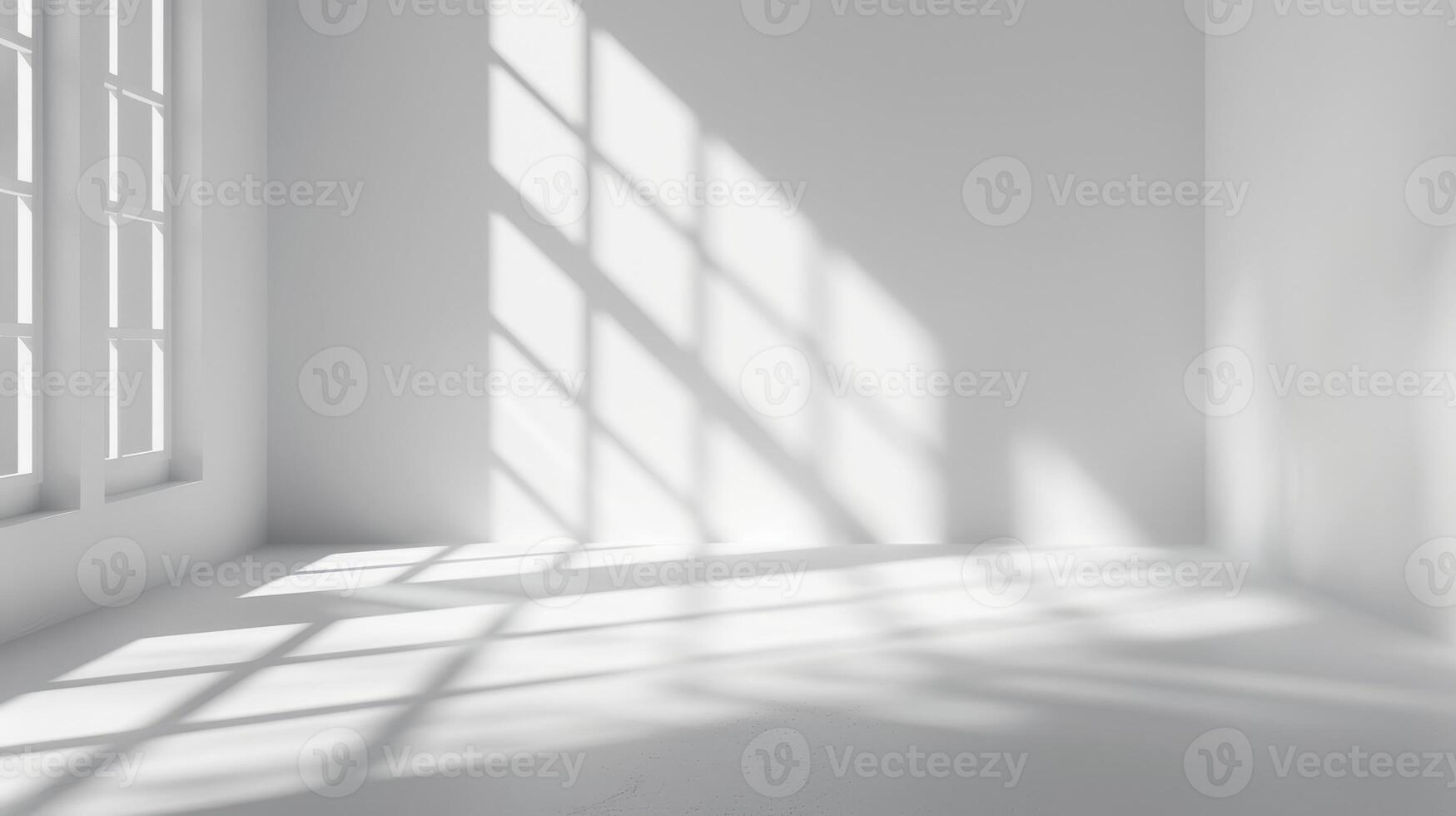 An elegantly bright and minimalist interior space showcasing soft and gentle shadows cast from windows photo