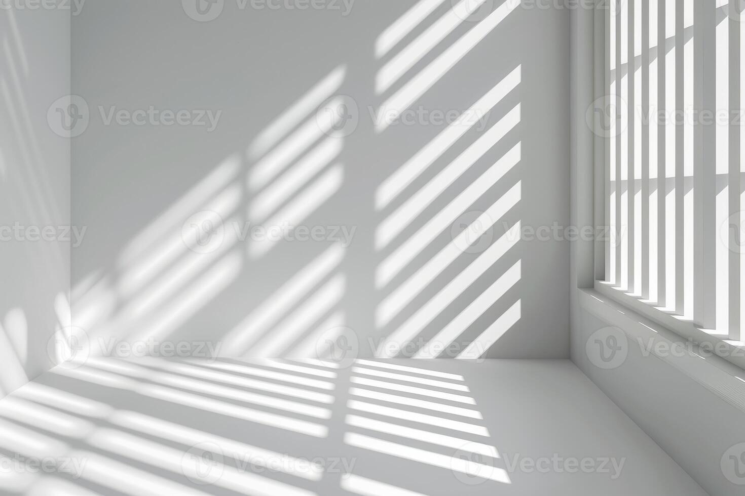 This minimalist space highlights stunning shadows and light from window grilles, ideal for design projects photo