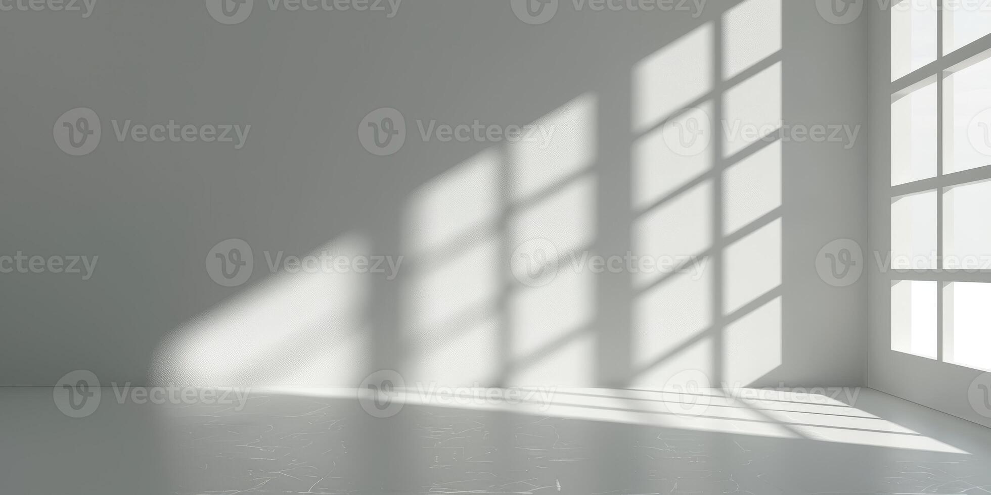 A spacious and bright room filled with shadows gracefully cast by window frames, ideal for minimalist design themes photo