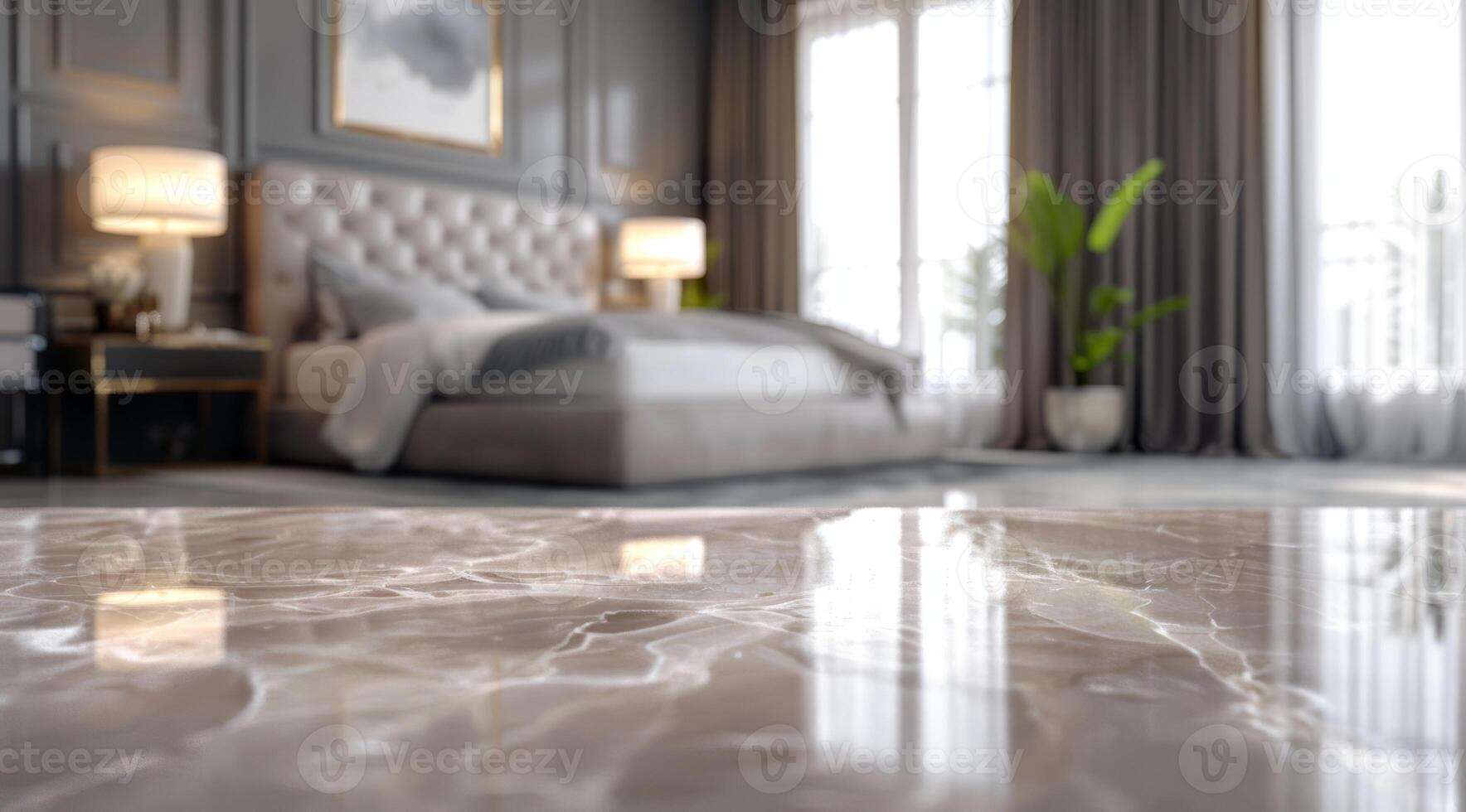 This is a luxurious bedroom characterized by its polished marble flooring and an array of sophisticated decor elements photo