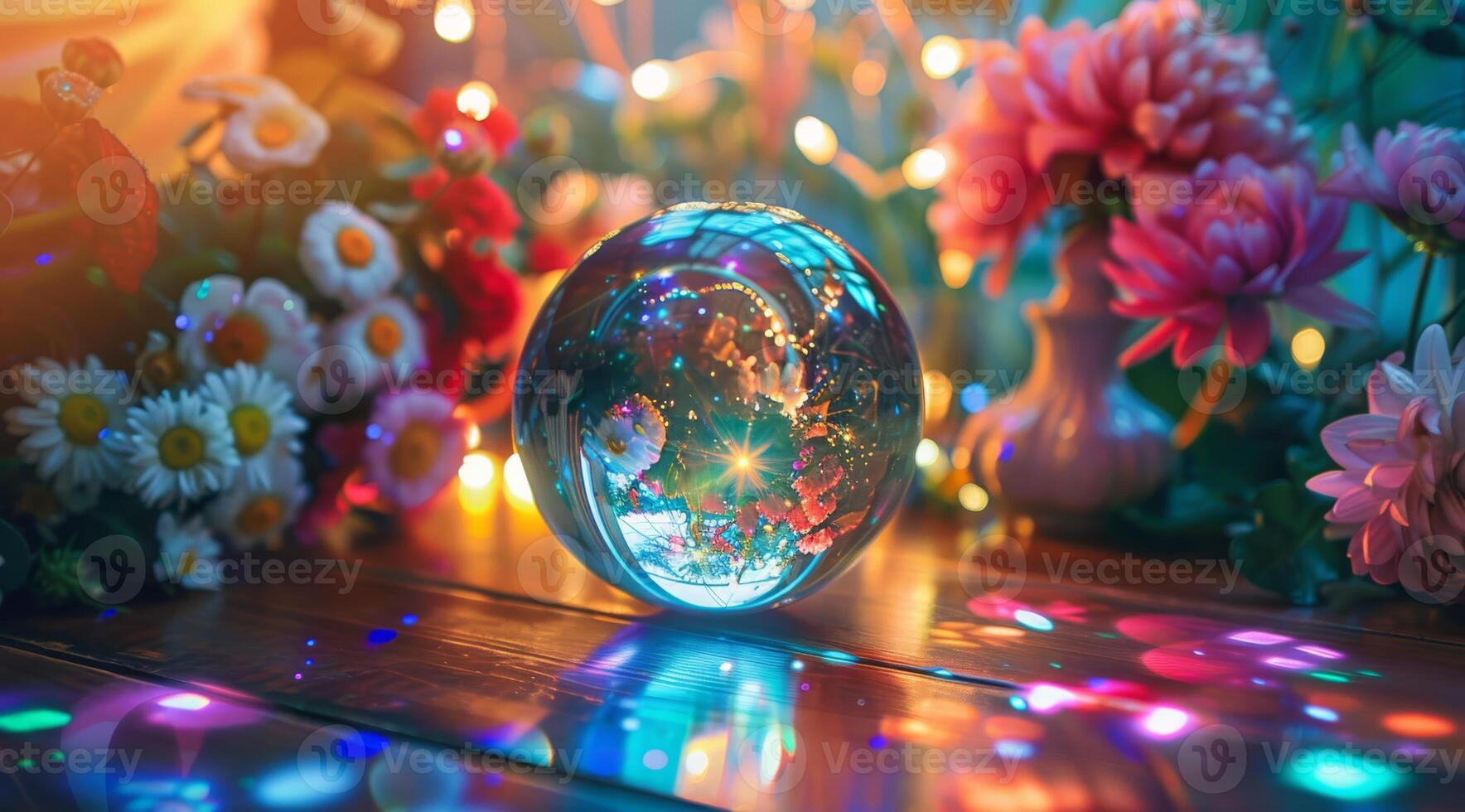 A mesmerizing and enchanting glass orb is artistically surrounded by a variety of vibrant flowers and colorful lights photo