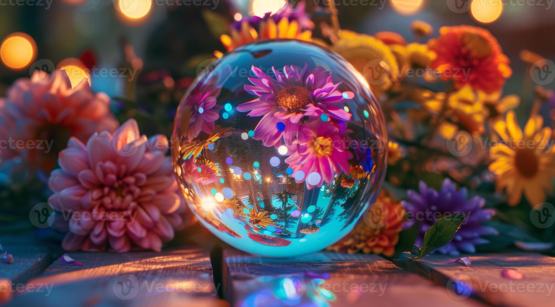 A beautifully captured glass orb that reflects vibrant and colorful flowers, creating a wonderfully serene atmosphere photo