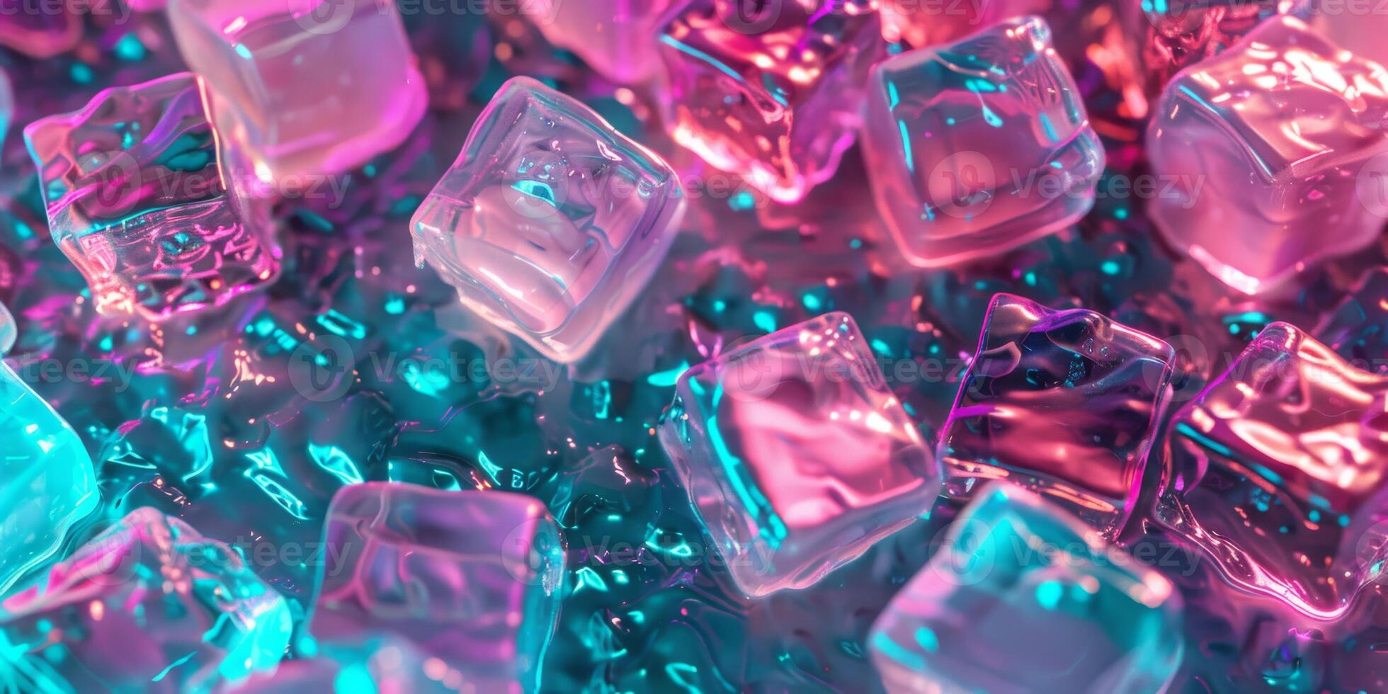 Vibrant and colorful ice cubes illuminated with bright neon lights create a truly stunning abstract background photo