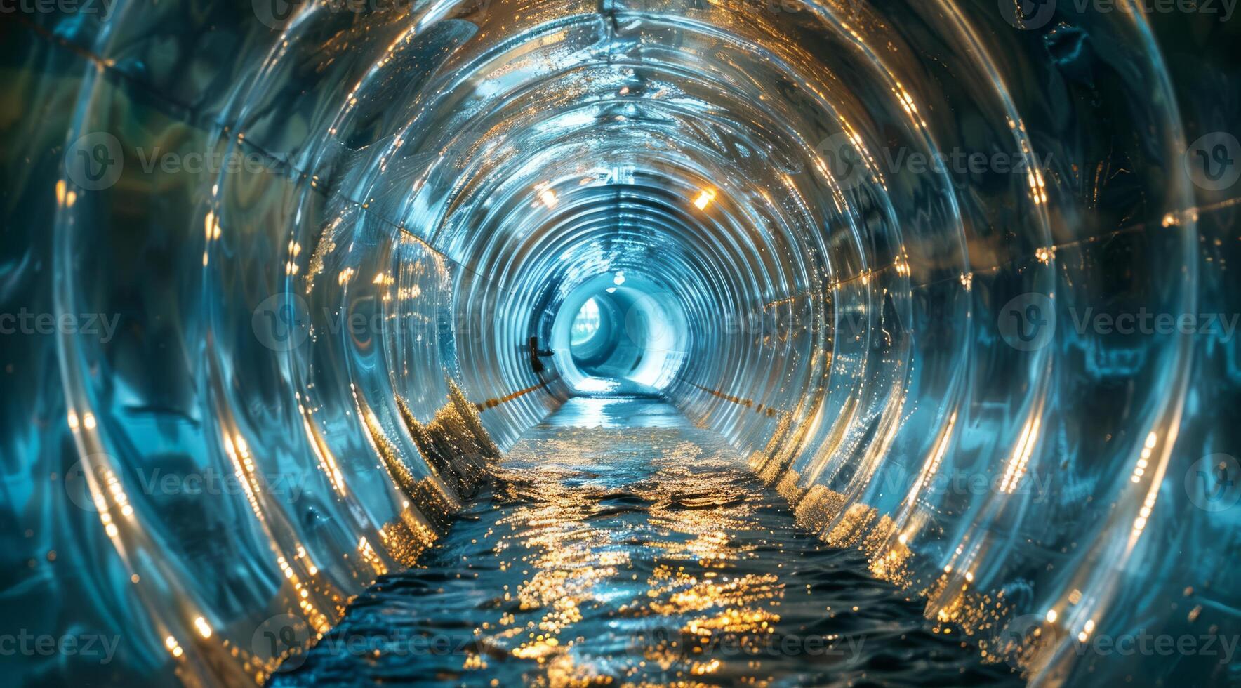 An enchanting and mesmerizing view of a clear water slide tunnel, brilliantly illuminated with dynamic lighting effects photo