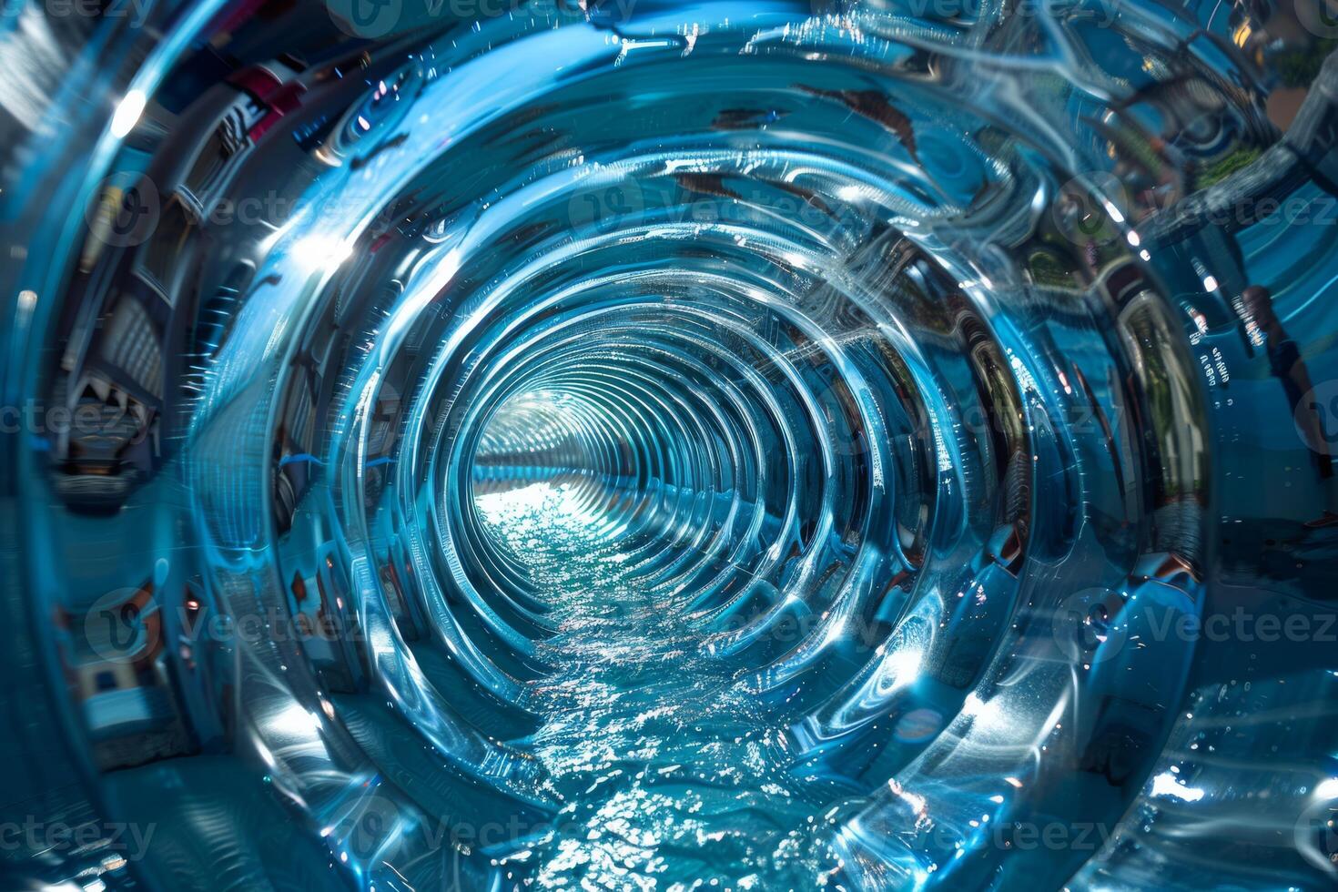 A breathtaking and stunning view of an aquatic tunnel featuring mesmerizing light reflections and vibrant azure water photo