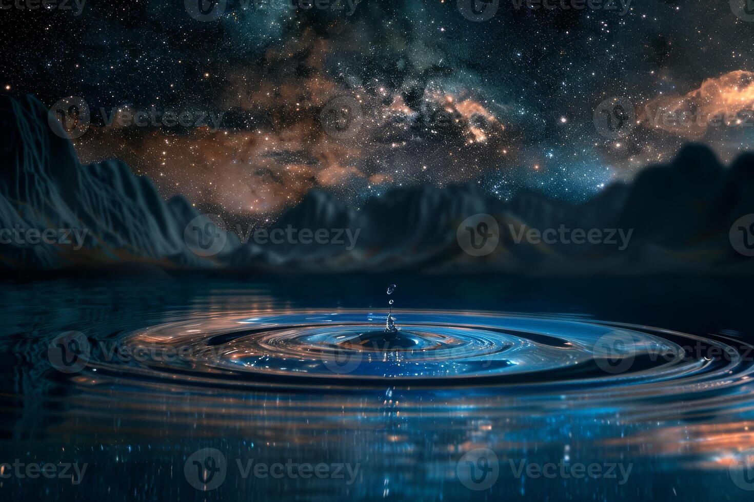 A beautifully serene landscape adorned with cosmic elements, all reflected in the tranquil waters beneath a starry sky photo