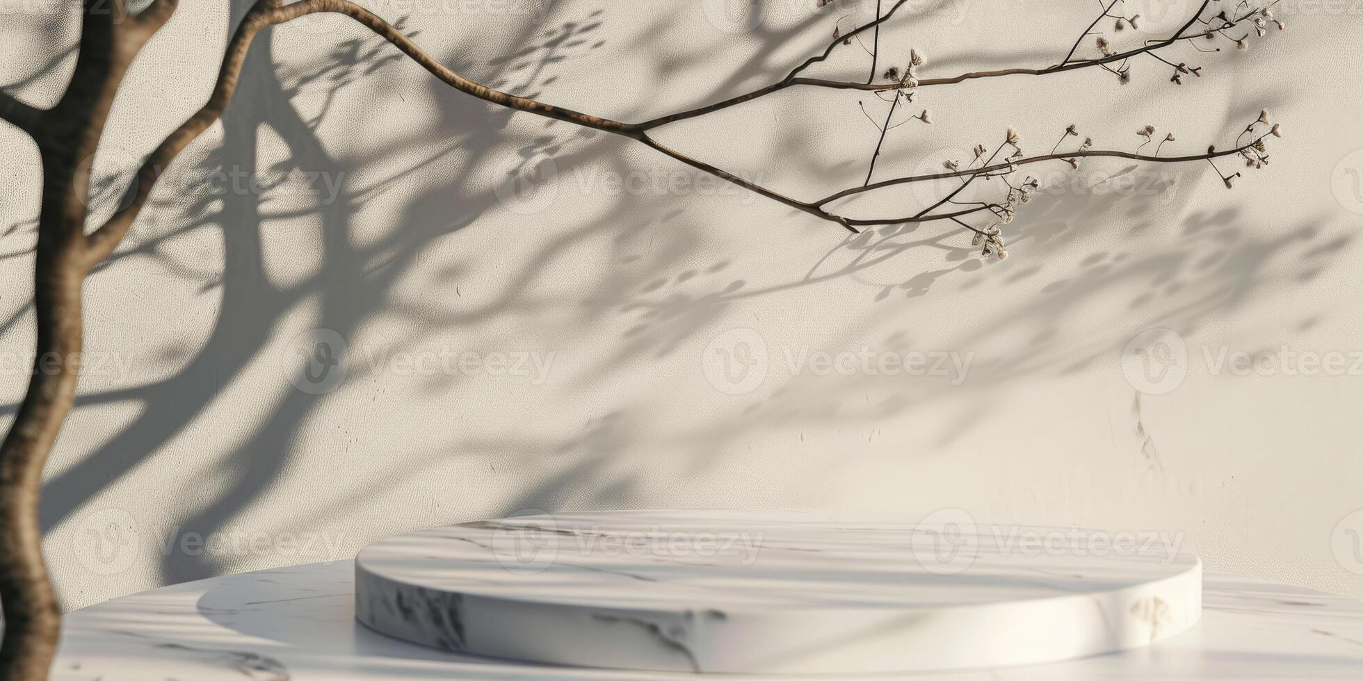 A striking marble podium contrasts with a sleek wall, enhanced by soft shadows from a nearby tree branch, adding depth and dimension, making the scene visually appealing and captivating photo
