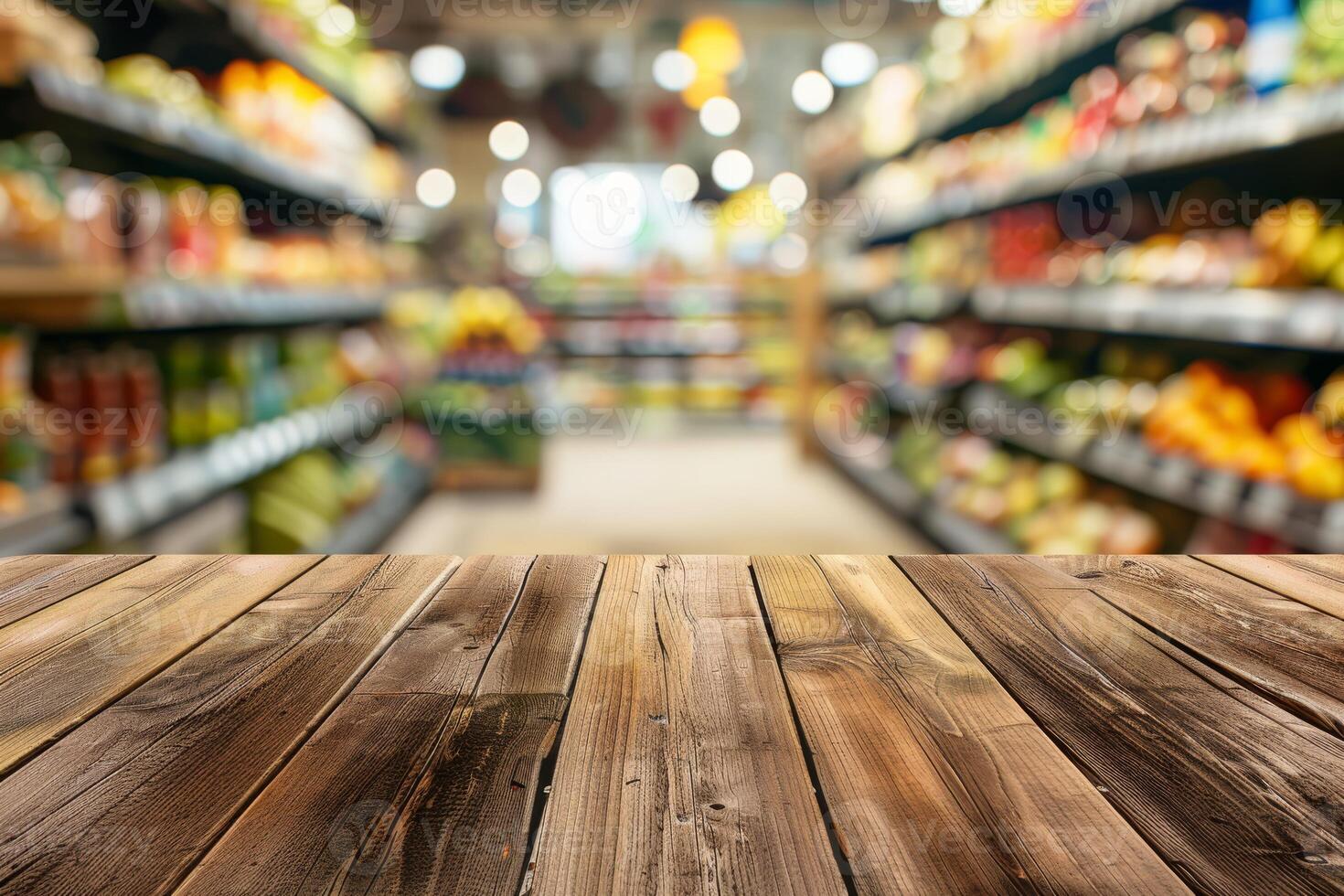 A beautifully blurred grocery aisle filled with a diverse array of colorful produce, arranged on a rustic wooden table photo