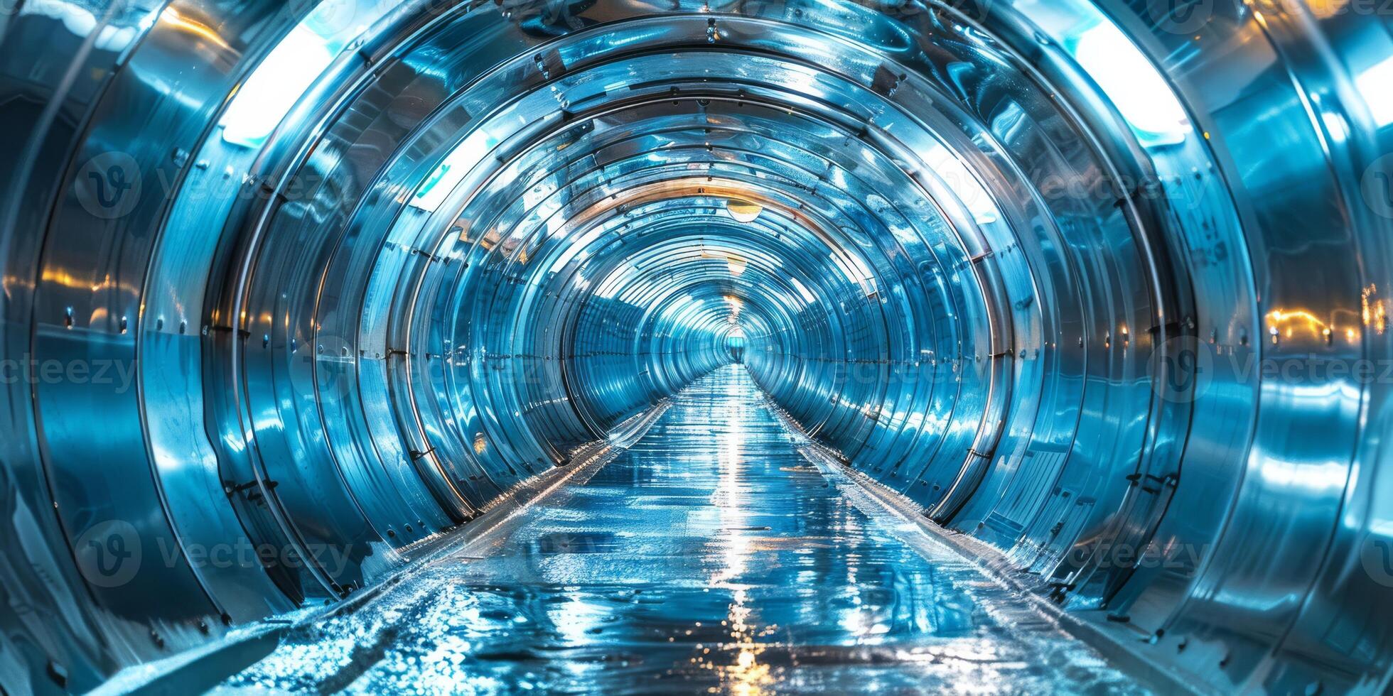 A sleek, illuminated tunnel with metallic walls and a reflective floor, suggesting advanced technology. photo