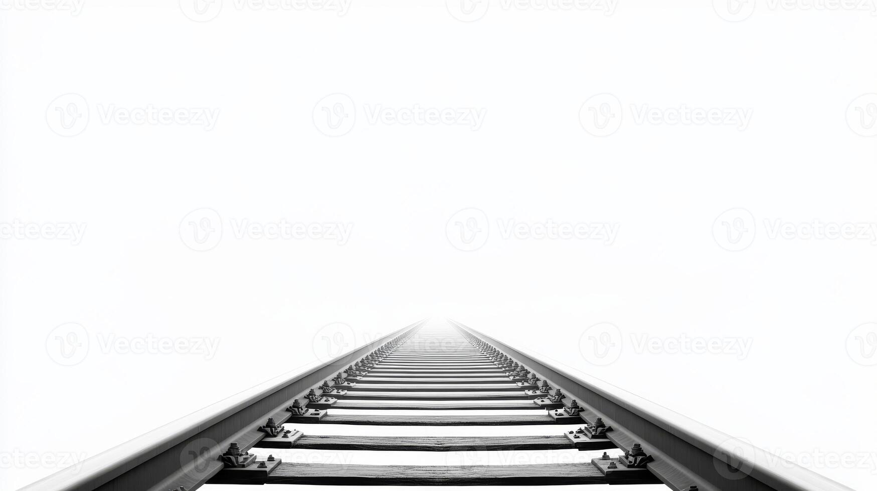 A captivating perspective showcases train rails vanishing into a foggy void in the distance, symbolizing the endless possibilities of travel, exploration, and numerous adventures that await beyond photo