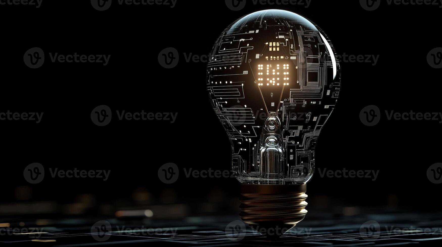 This artistic depiction shows a beautifully designed light bulb with intricate microcircuit patterns on a contrasting black background, symbolizing innovation and modern technological advancements photo