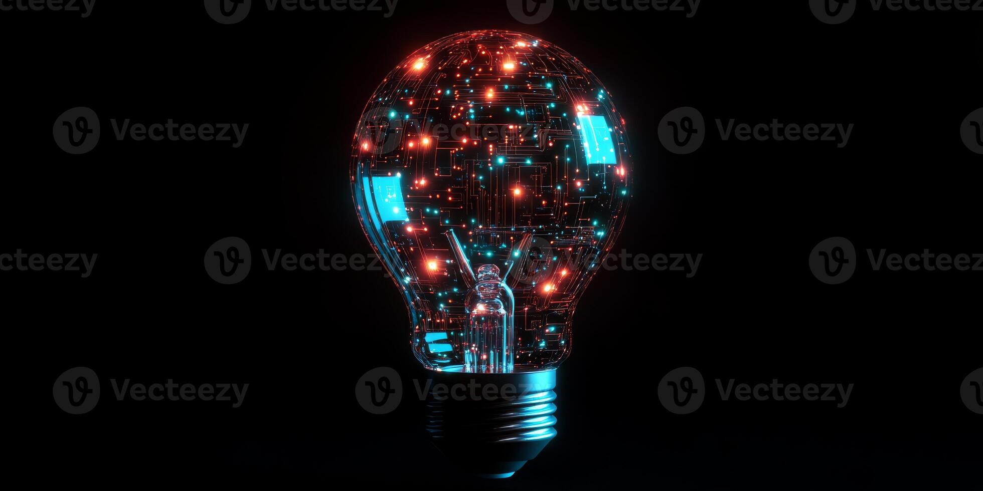 This captivating futuristic light bulb features glowing microcircuits in vibrant colors, set against a dark background, embodying innovation and creativity in design and technology photo