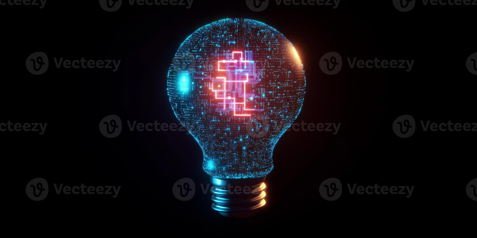 A glowing light bulb showcases an intricate microcircuit design that merges advanced technology with artistry, set against a dark background to enhance its stunning features for maximum impact photo