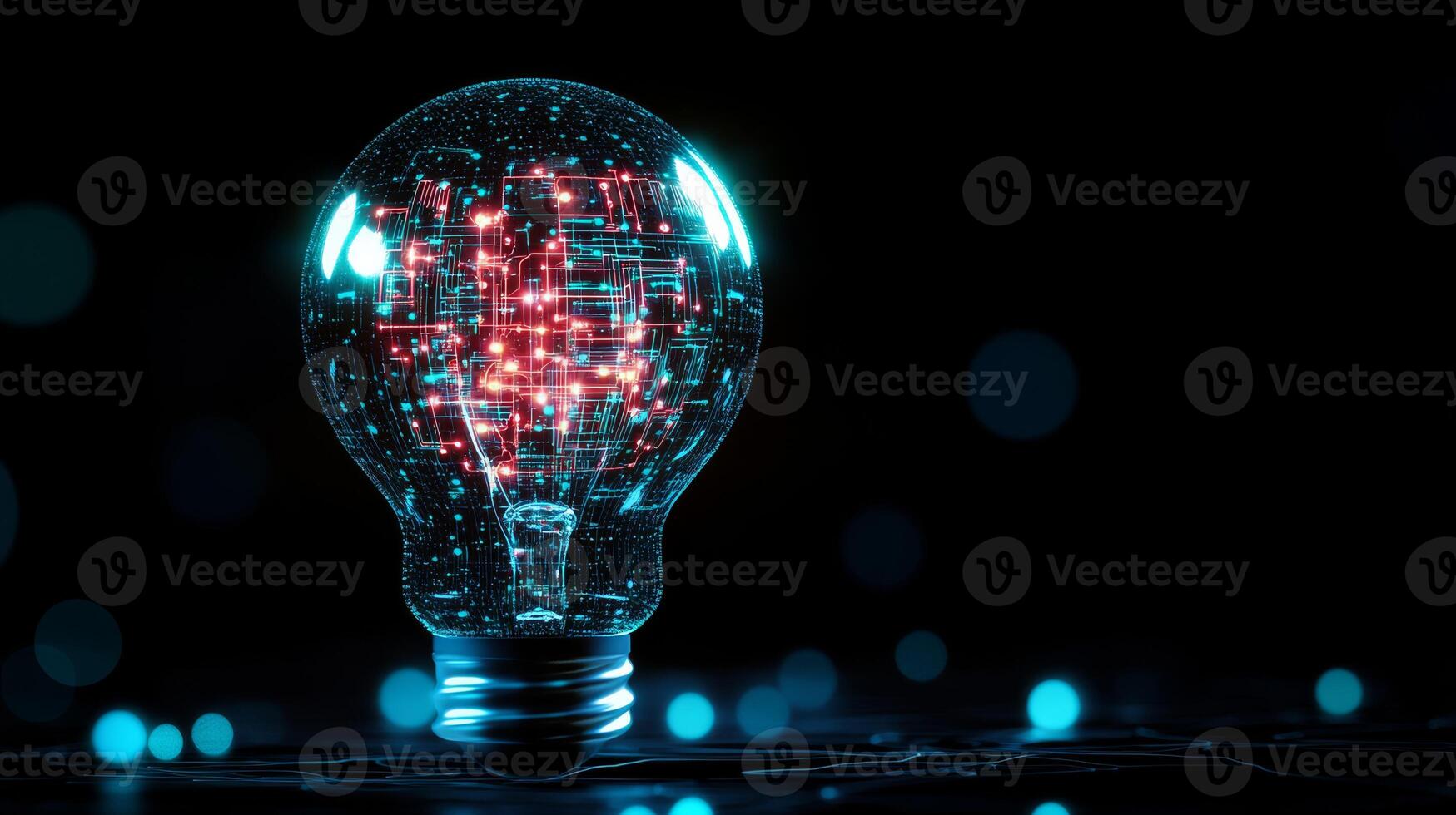The image showcases a stunning, highresolution representation of a glowing light bulb that contains intricate microcircuit patterns, beautifully displayed against a dark and contrasting backdrop photo