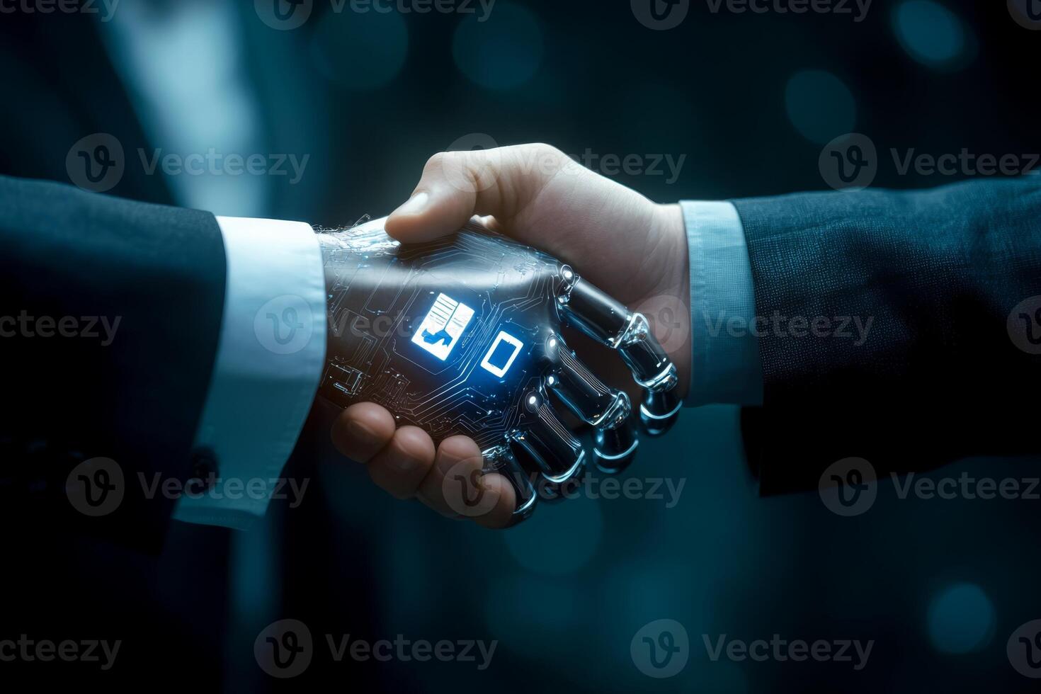 A symbolic handshake is taking place between a human hand and a robotic hand, representing the vital themes of trust and collaboration in todays everevolving business and technology landscapes photo