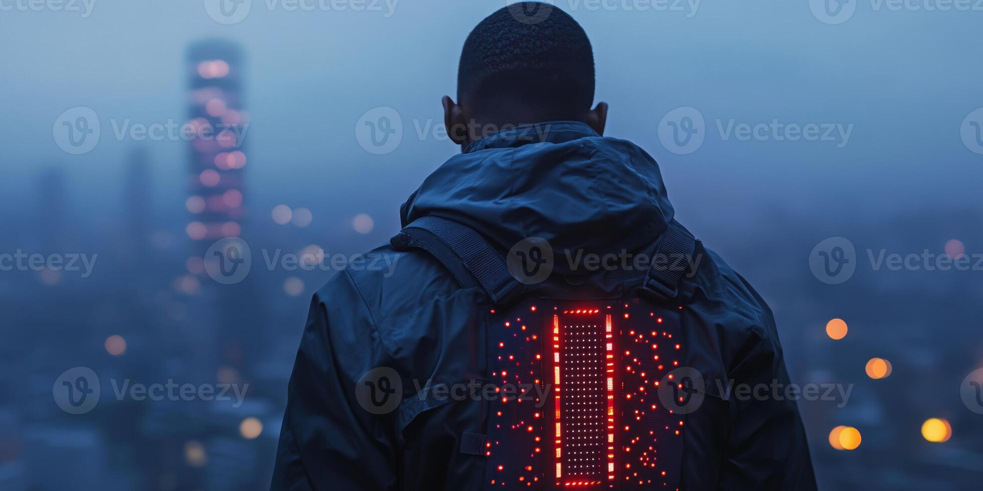 This captivating image features an individual in innovative smart clothing designed for body temperature regulation and continuous wellness monitoring in a vibrant, futuristic urban setting photo