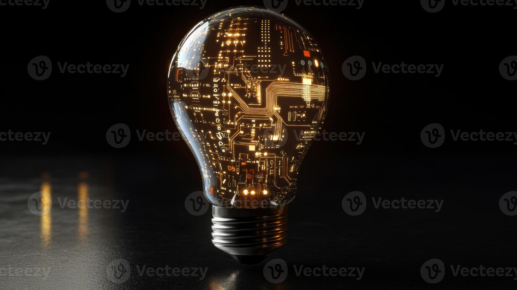 This unique light bulb features illuminated microcircuits, symbolizing modern technology and innovation. It shines brilliantly against a black background, emitting a captivating, radiant glow photo