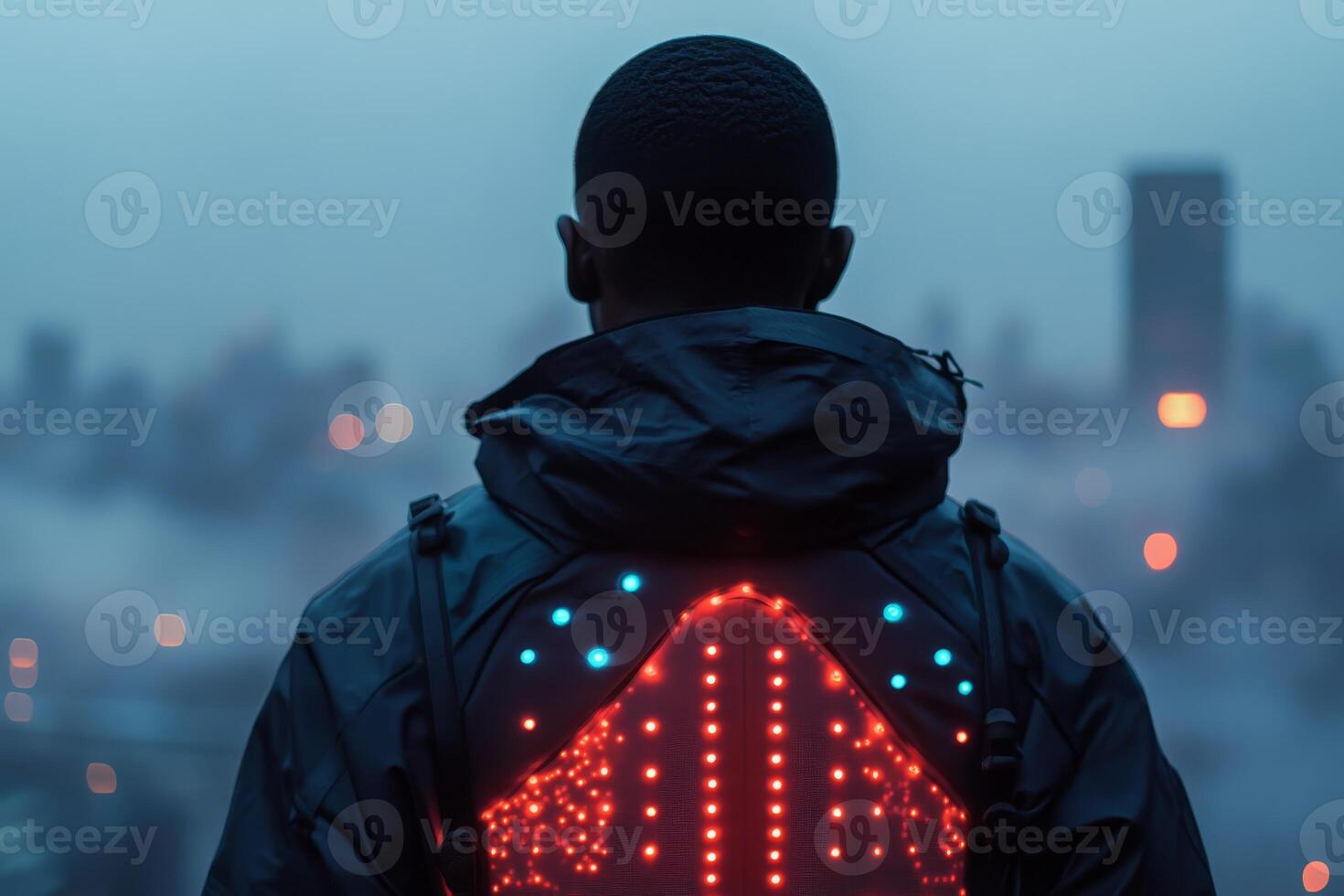 Dive into the world of innovative wearable technology that includes features for temperature regulation and wellness monitoring, all set against the backdrop of a vibrant and lively urban environment photo