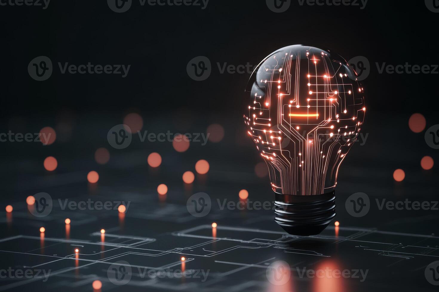 This illuminated light bulb features an intricate microcircuit design on a dark backdrop, showcasing technology and innovation in a captivating way that engages the audiences attention photo