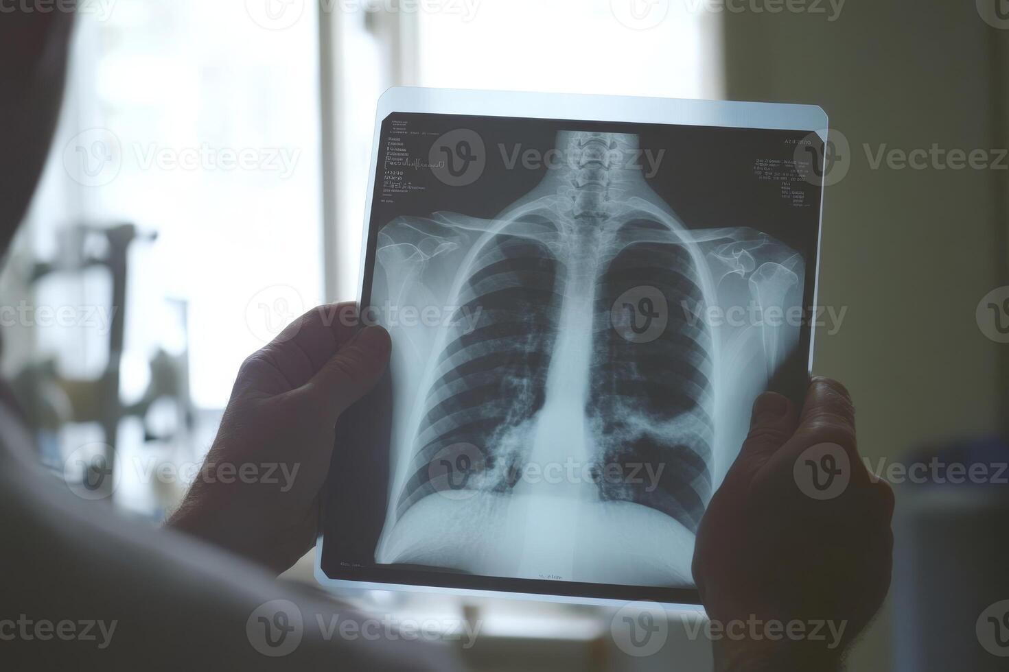In a bright clinical setting, a skilled medical professional examines a chest Xray, focusing on lung health for an accurate diagnosis and effective treatment options for the patient photo