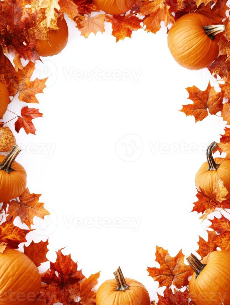 This autumnthemed decorative frame, featuring pumpkins and colorful leaves, is ideal for enhancing seasonal decor or creating stylish holiday invitations celebrating the joys of fall photo